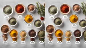 Salt-Free Seasoning Blends for a Low-Sodium Diet displayed in bowls with labels and fresh herbs.