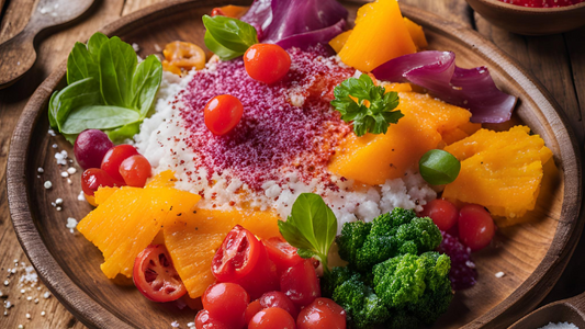 Colorful salad featuring fresh vegetables and fruits illustrating why does salt enhance the flavor of food.