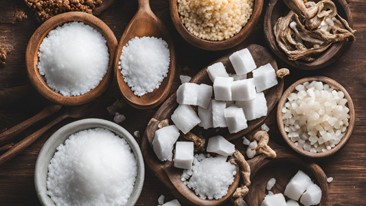 Various types of salt and sugar arranged in wooden bowls, highlighting their textures and appearances.