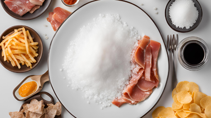 Are There Any Risks to Ingesting Too Much Salt? Ingredients with high sodium, salt, meats, and snacks on a table.