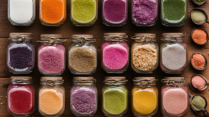 The Top 10 Flavored Salts You Need in Your Kitchen displayed in colorful jars on a wooden table.