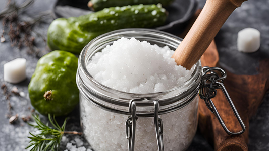 What Is Pickling Salt, and How Is It Different? Glass jar of pickling salt surrounded by cucumbers and herbs.