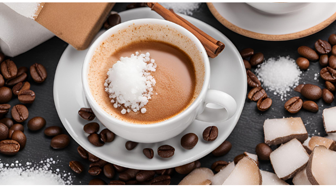 How to Add Salt to Your Coffee to Enhance Flavor with coffee, salt, sugar cubes, and roasted beans.