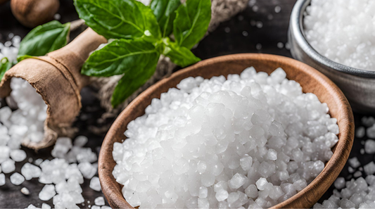 Is Salt Vegan? Understanding Its Sources - close-up of salt in a bowl with mint leaves and herbs.