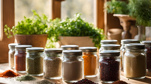 Jars of spices and herbs with fresh plants in the background, highlighting low-sodium salt alternatives.