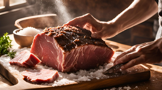 How to Use Salt as a Meat Tenderizer: hands applying salt to a large cut of meat on a wooden surface.