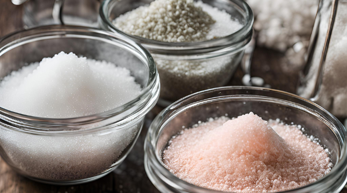 The Best Salts for Making Brine displayed in glass jars, showcasing various textures and colors of salt.