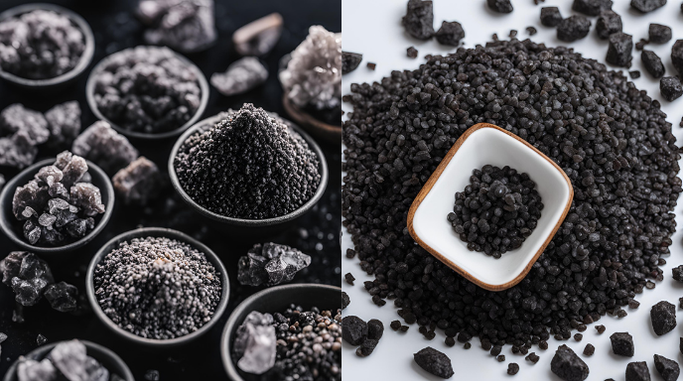 What Is Hawaiian Style Black Salt, and How Is It Used? Black salt in bowls showcasing its unique texture and color.