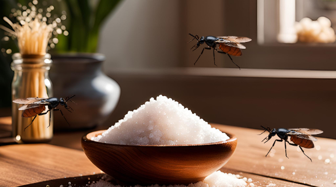Can Salt Be Used in Natural Insect Repellent? Bowls of salt with flying insects in a natural setting.