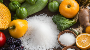 How to Use Salt to Keep Fruits and Vegetables Fresh with colorful produce and salt on a wooden table.