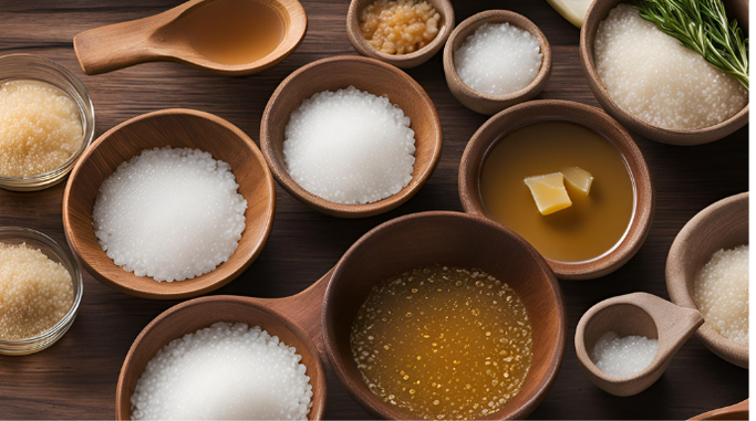 How Salt Helps to Clarify Broth with various types of salt and broths in wooden bowls.