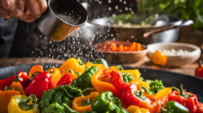 How Does Salt Reduce Bitterness in Foods? Sprinkling salt on colorful vegetables in a kitchen setting.