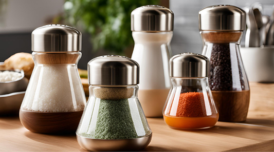The Best Salt Shakers and Mills for Your Kitchen displayed on a wooden countertop with various spices.