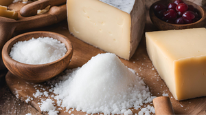 Why Salt Is Essential in Cheese Making with cheese, salt, and red berries on a wooden board.