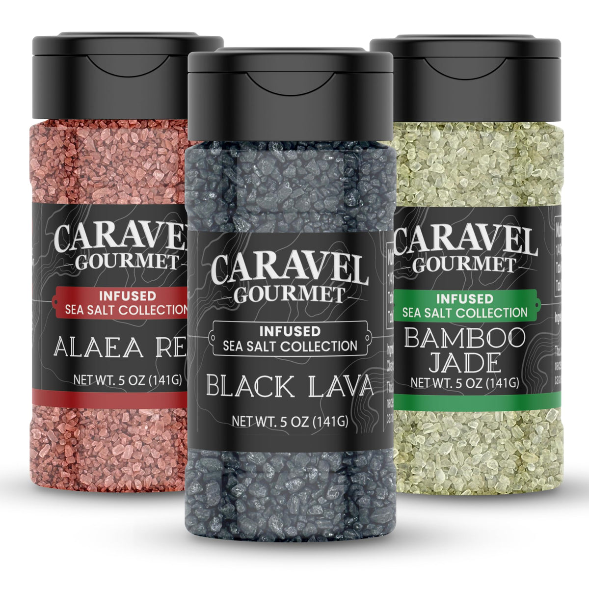 Hawaiian Sea Salt Shaker Gift Set - Alaea Red, Bamboo Jade & Black Lava (3-Pack)