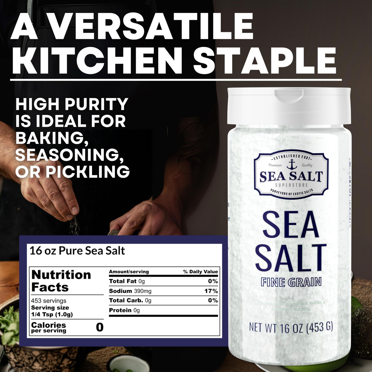 Fine Grain Sea Salt - 16 oz Shaker, product detail image 4