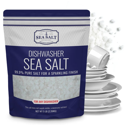 Dishwasher Salt - 5 lb Bag with pure sea salt for sparkling clean dishes and hard water residue removal.