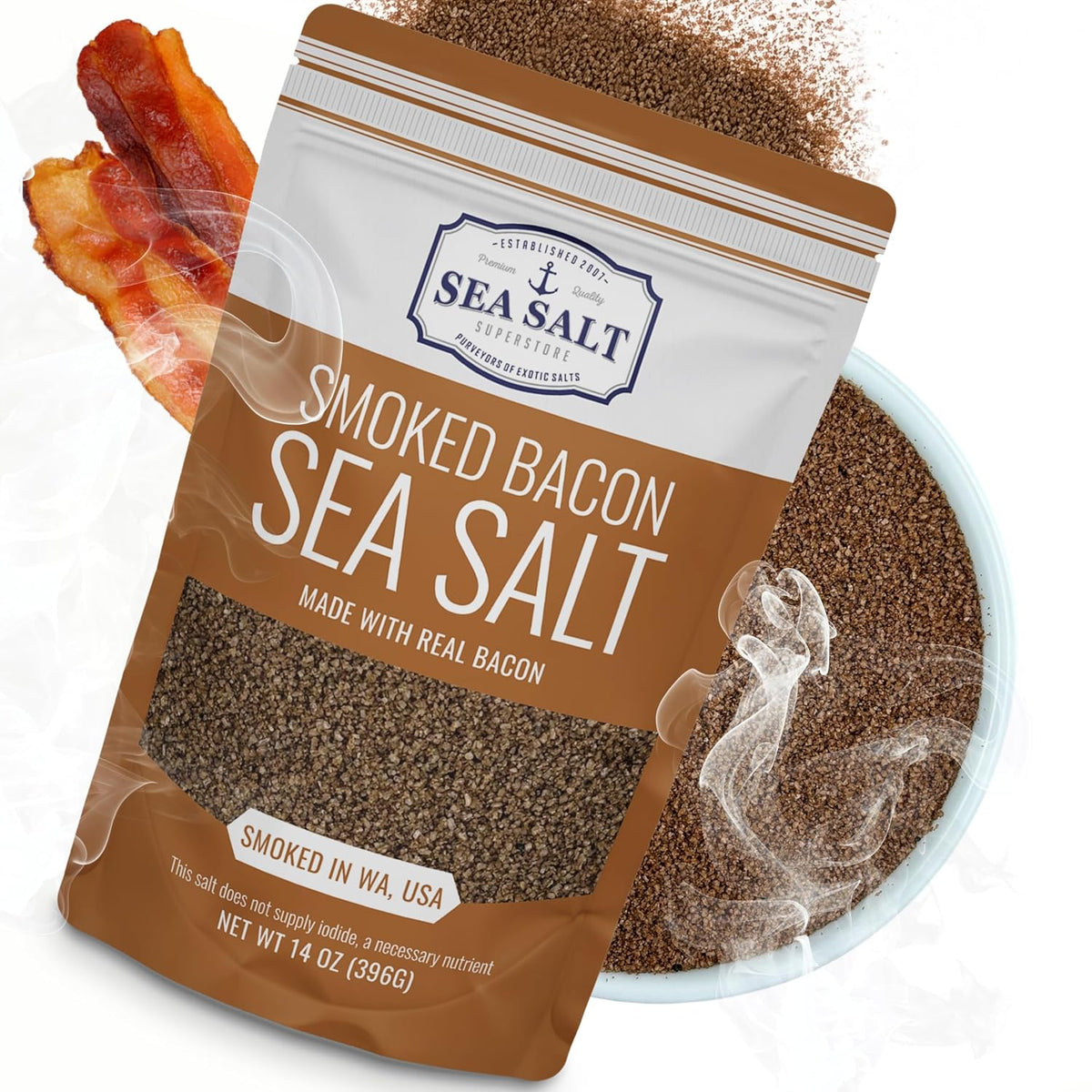 Smoked Bacon Sea Salt 14 oz Bag, package front view