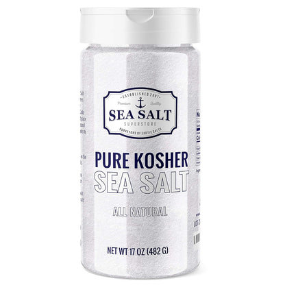 Pure Kosher Sea Salt - 17 oz container showcasing all natural seasoning for various culinary uses.