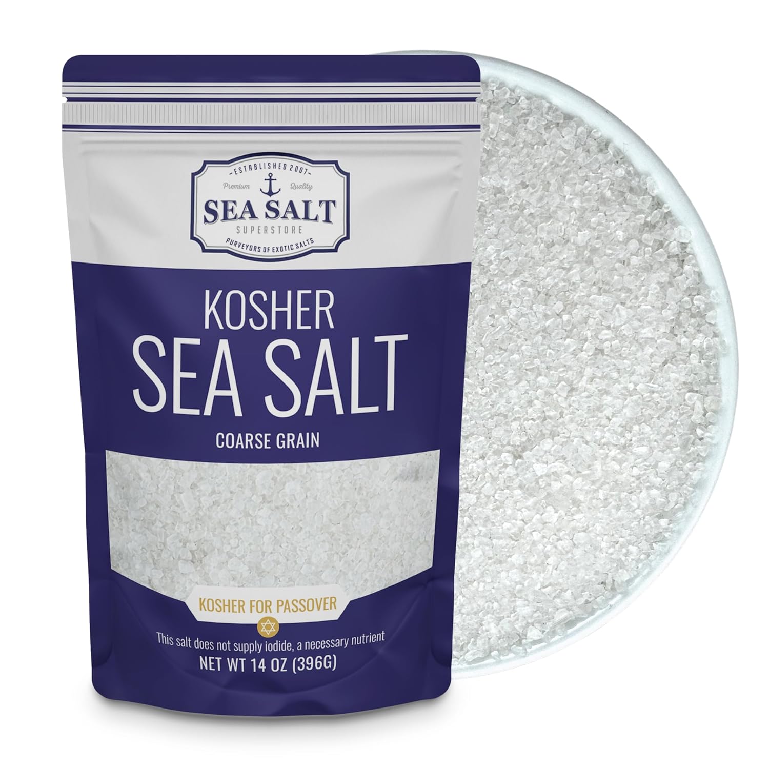 Kosher Coarse Grain Sea Salt 14 oz Pouch - all-natural sea salt with trace minerals, great for kosher cooking.
