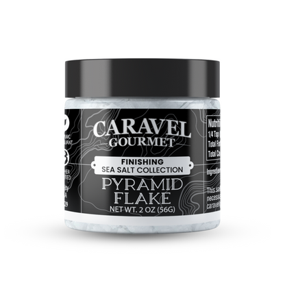 Pyramid Flake Sea Salt - Chef Jar by Caravel Gourmet, 2 oz container of finishing sea salt with pyramid flakes.