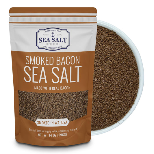 Smoked Bacon Sea Salt 14 oz Bag featuring rich ground texture and packaging design for culinary use.