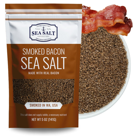 Smoked Bacon Sea Salt 5 oz Pouch with real bacon pieces, perfect for seasoning and enhancing dishes.