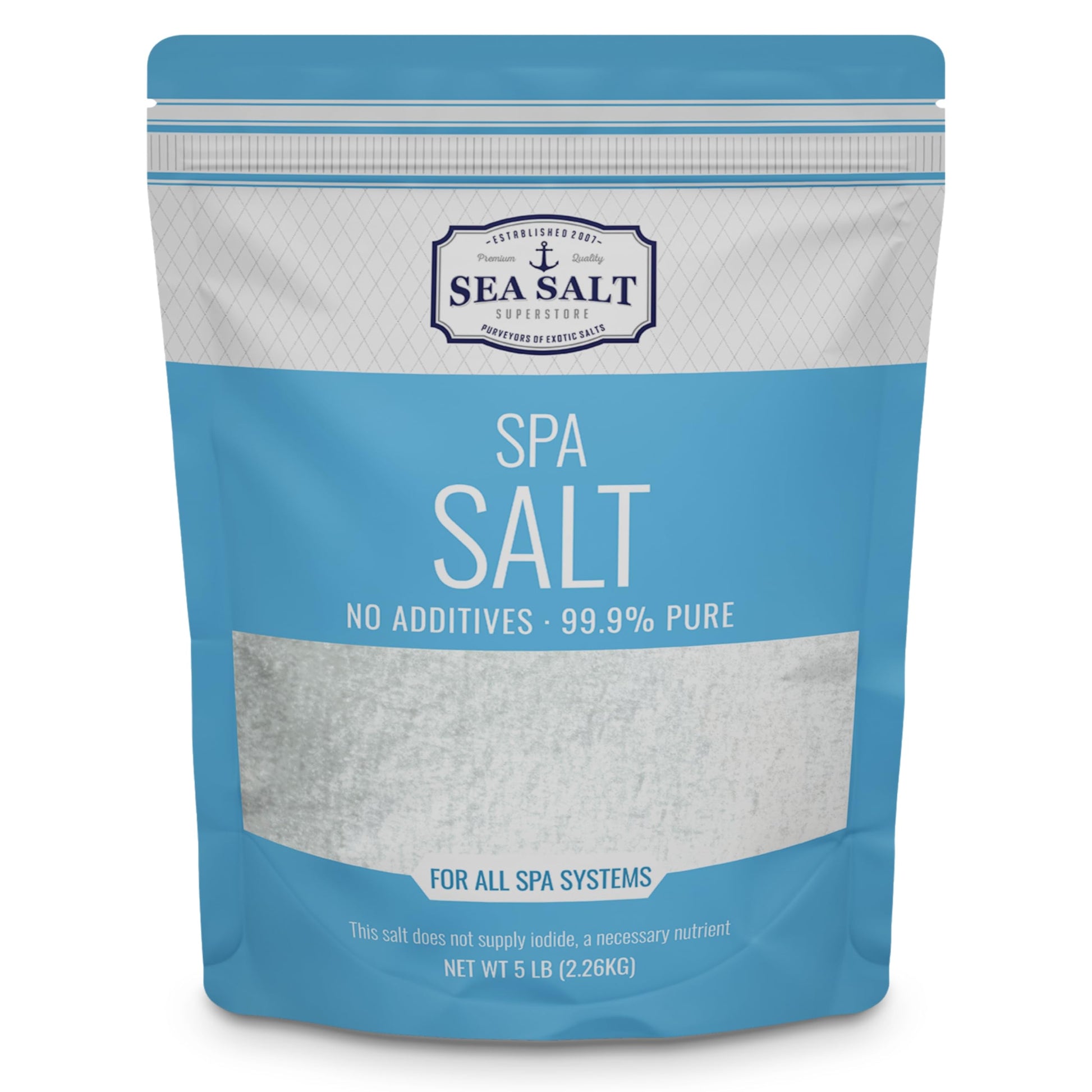 Spa Sea Salt 5 lb Pouch packaging featuring 99.9% pure salt for all spa systems.